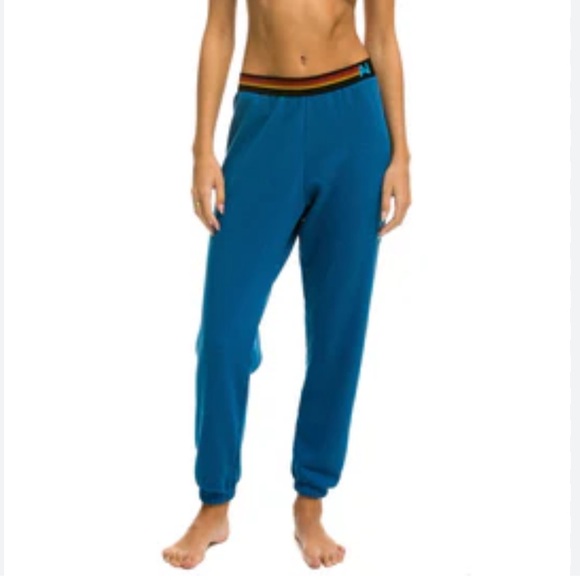 Aviator Nation Logo Stripe Sweatpants Caribbean Blue Tri-Blend Loungewear-M